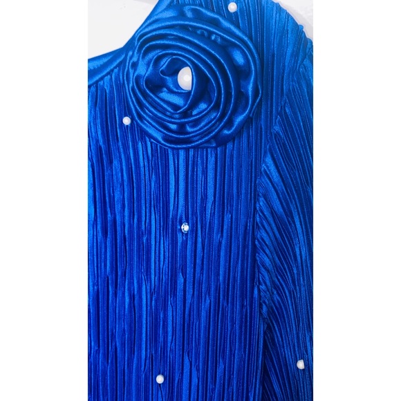 80s Drop Waist Formal Chiffon Dress Royal Blue Micro Pleat Midi Ruffle - Picture 8 of 11